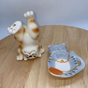 Lot of 2 Whimsical Ceramic Kitties 1 Tumbling Figurine and 1 Trinket Dish